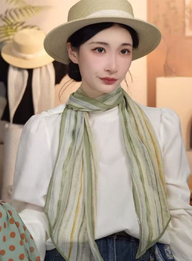 乔其纱长条绿色丝巾系脖高级感女