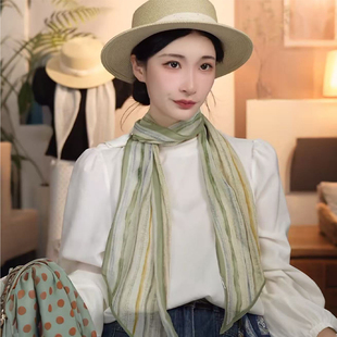 乔其纱长条绿色丝巾系脖高级感女2026新款夏条纹纱巾薄款丝带脖饰