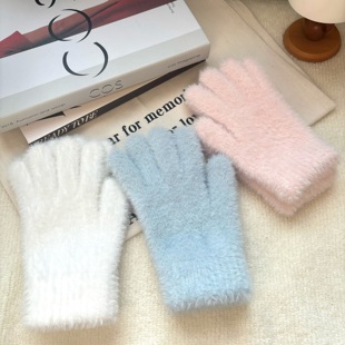 蓝色仿水貂毛绒手套女冬季韩系纯色糖果色分指保暖防寒骑行手套潮