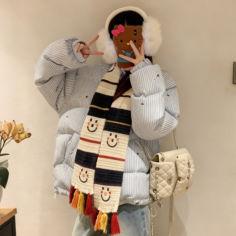 可爱笑脸刺绣流苏针织围巾女2025新款冬季加厚保暖条纹毛线围脖