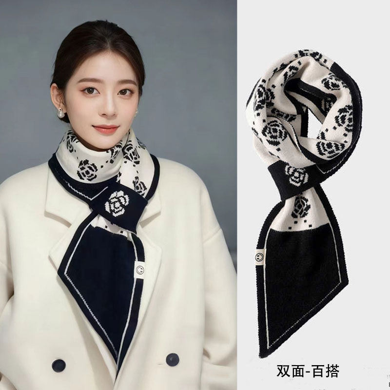 山茶花小围巾女2025新款秋冬洋气高级感双面百搭加厚保暖护颈围脖