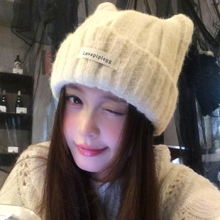 可爱猫耳朵帽子女士冬季加厚防寒保暖冷帽大头围显脸小针织毛线帽