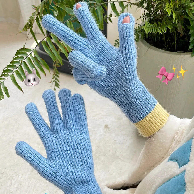 红色圣诞针织手套女冬季新款纯色五指可触屏加厚防寒保暖骑行加长