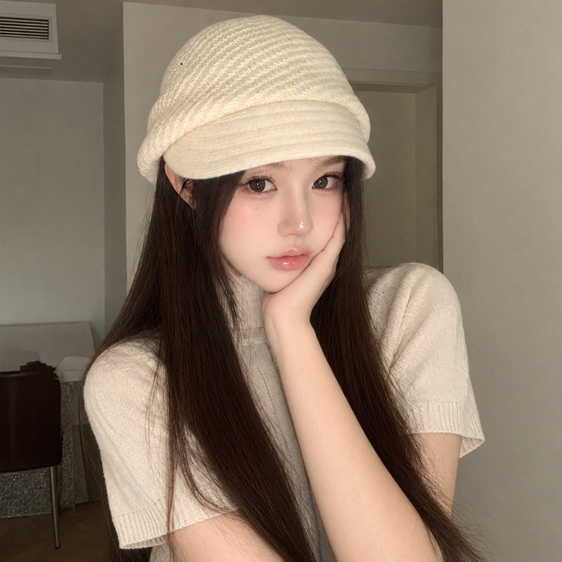 复古白色针织短檐贝雷帽女百搭