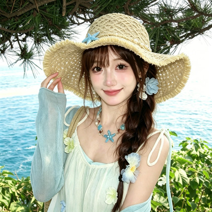 度假风海星草帽女夏季大帽檐编织显脸小防晒海边遮阳渔夫太阳帽子