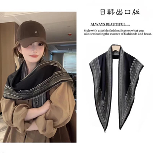 复古黑色印花丝巾女春夏季长条气质三角巾外搭小围巾装饰头巾腰带
