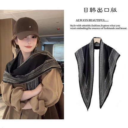 复古黑色印花丝巾女春夏季长条气质三角巾外搭小围巾装饰头巾腰带