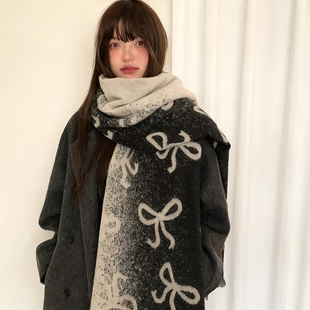 韩版蝴蝶结针织围巾女2025新款秋冬高级感加厚保暖围脖披肩两用