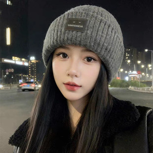笑脸针织灰色帽子女2025新款冬保暖显脸小护耳毛线帽大头围冷帽