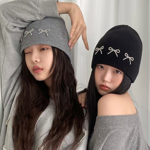 灰色格雷miu系穿搭蝴蝶结毛线针织帽子冬季女防寒保暖显脸小冷帽