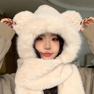 毛绒帽子围巾一体女冬季新款骑车防寒保暖加厚连帽围脖手套三件套