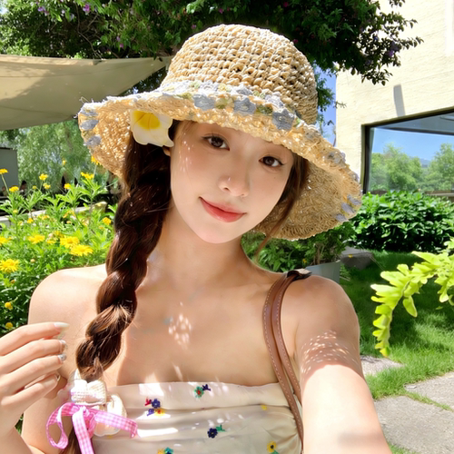 田园风花朵编织晒遮阳大帽檐帽子