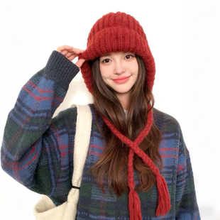 新年红色针织毛线帽子女2025新款冬保暖大头围护耳巴拉克拉法帽