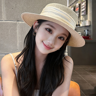 米色法式平顶草帽女2026春夏海边度假风防晒礼帽大檐遮阳草编帽子