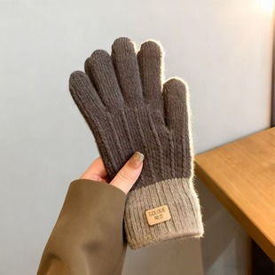 灰色针织毛线手套冬季加绒加厚保暖男女通用防寒骑行五指可触屏