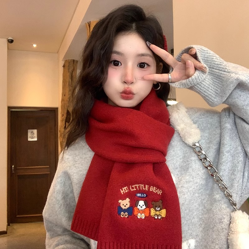 红色围巾女款2025新款冬季针织毛线小熊外搭韩系氛围感保暖围脖秋