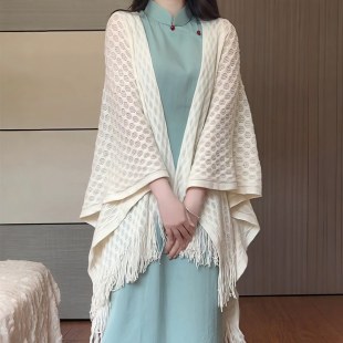 白色针织旗袍披肩女外搭夏季薄款流苏披风斗篷办公室空调房开衫