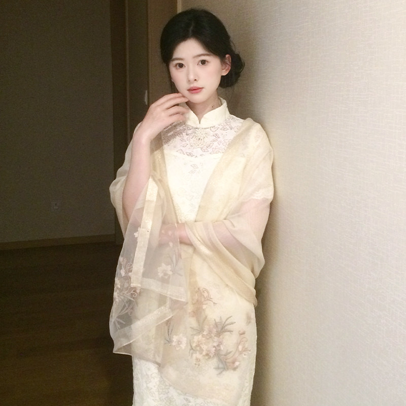 配旗袍披肩女外搭2026新款夏季薄款防晒丝巾纱巾新中式空调房围巾