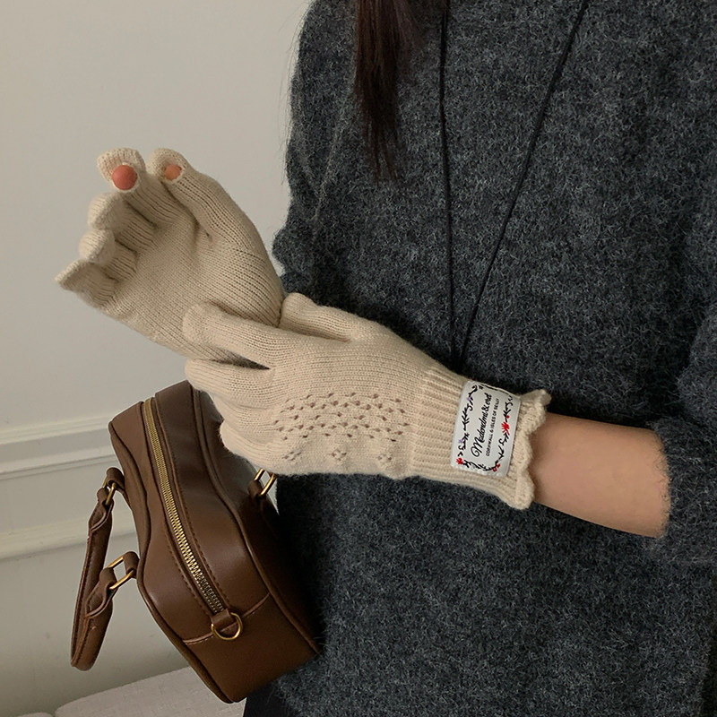 米色韩系花边触屏保暖防风手套女