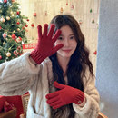 新年红色针织手套女生冬季 加绒加厚防寒可触屏骑行分指毛线手套男