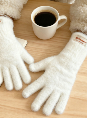 韩版新款白色软糯毛绒针织手套女秋冬季长款保暖防寒分指可触屏