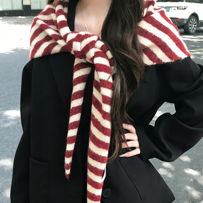 红色毛绒条纹围巾女款2025新款