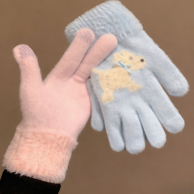 蓝色蝴蝶结小狗手套女士冬保暖手套可爱加厚防寒学生分指骑车手套