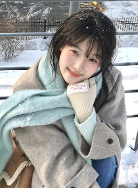 薄荷绿色围巾女冬季2025新款仿马海毛韩系氛围感纯色百搭加厚围脖