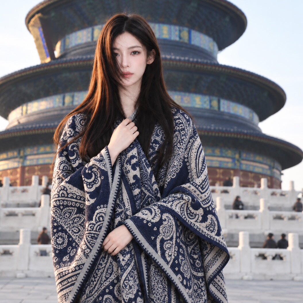 民族风复古仿羊绒提花披肩外搭女