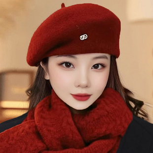 韩版气质保暖红色贝雷帽子女款冬季毛呢时尚好看定型显脸小画家帽
