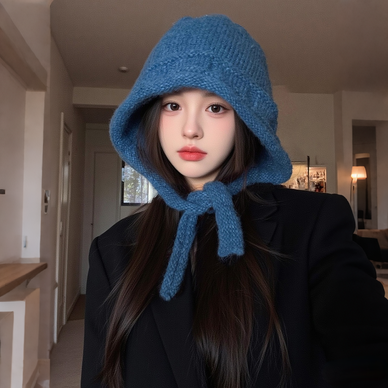 蓝色毛线帽女款冬季韩系大头围防寒巴拉克拉法帽保暖护耳针织帽子