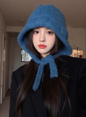 蓝色毛线帽女款冬季韩系大头围防寒巴拉克拉法帽保暖护耳针织帽子