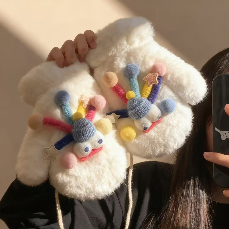 可爱毛绒手套女冬季保暖防冻加厚加绒可挂脖学生防风防寒骑车手套