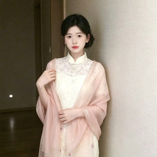 粉色珍珠旗袍披肩女薄款温柔丝巾