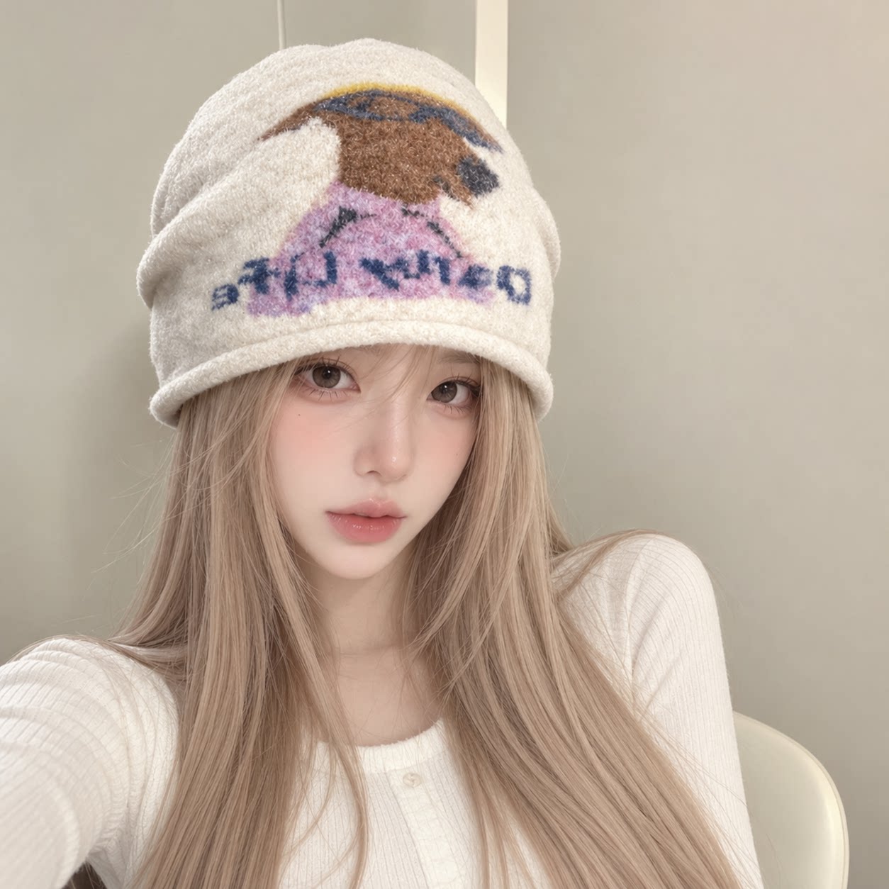 日系卡通小狗卷边针织包头帽女