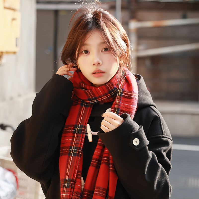 韩版新年红色格子针织围巾女2025新款秋冬高级感加厚保暖披肩围脖