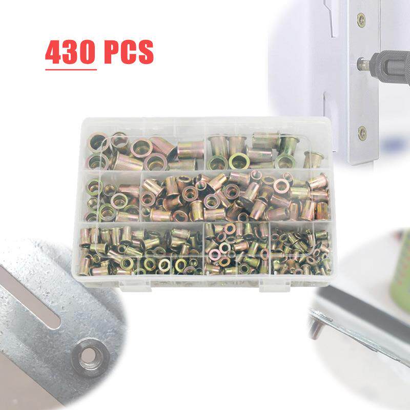 430pcs镀彩锌铆螺母M3-M12组合公制拉铆螺母盒装平头竖纹