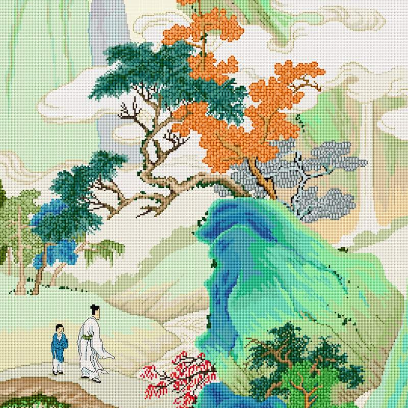 十字绣新款线绣竖版云树秋岚现代中式玄关书房风景简单自己绣