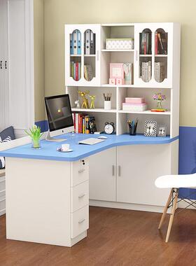 0J蓝色转角书桌书架一体电脑台式家用简约经济儿童书桌带书柜学习