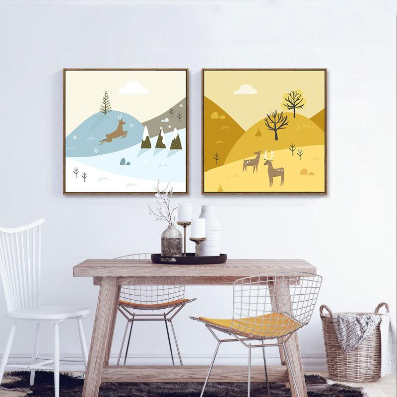 卡通麋鹿现代简约客厅餐厅装饰画卧室儿童房墙面双联挂画图片