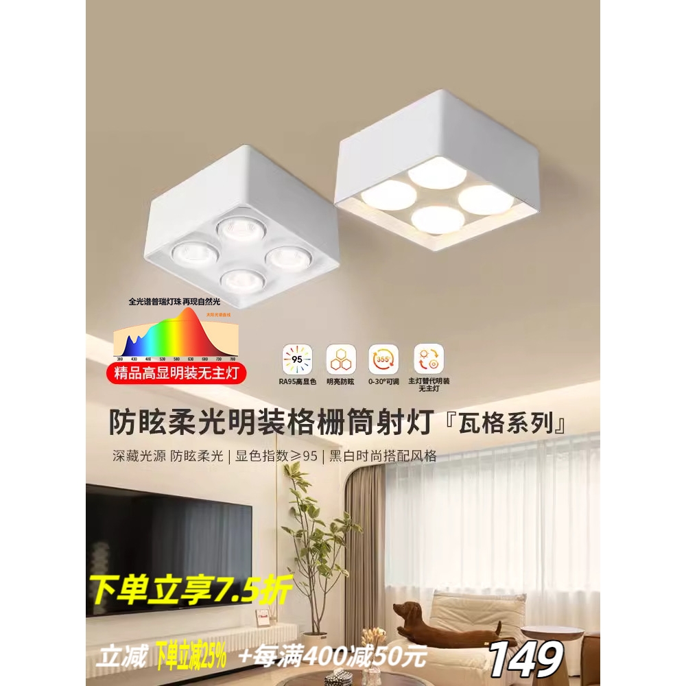 雷士照明无主灯明装筒灯射灯家用全光谱护眼斗胆灯防眩客厅格栅灯