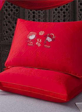 结婚枕头一对装大红色喜庆婚庆48x74cm全棉刺绣新婚洞房嫁妆枕芯