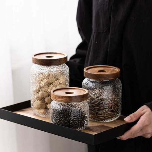 日式锤纹食品级高硼硅玻璃相思木盖储物罐子茶叶零食杂粮密封收纳