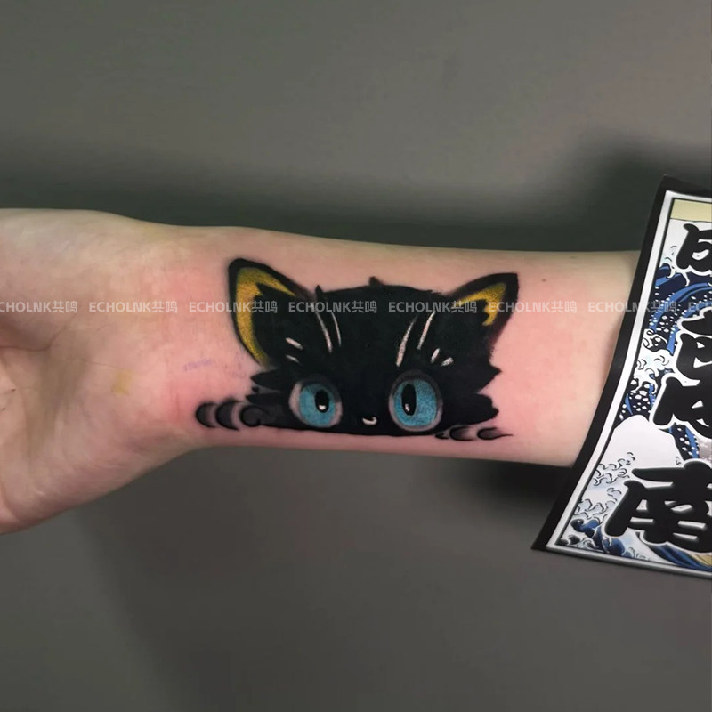 可爱软萌小黑猫彩色纹身贴防水持久手臂仿真刺青彩绘贴纸遮盖疤痕