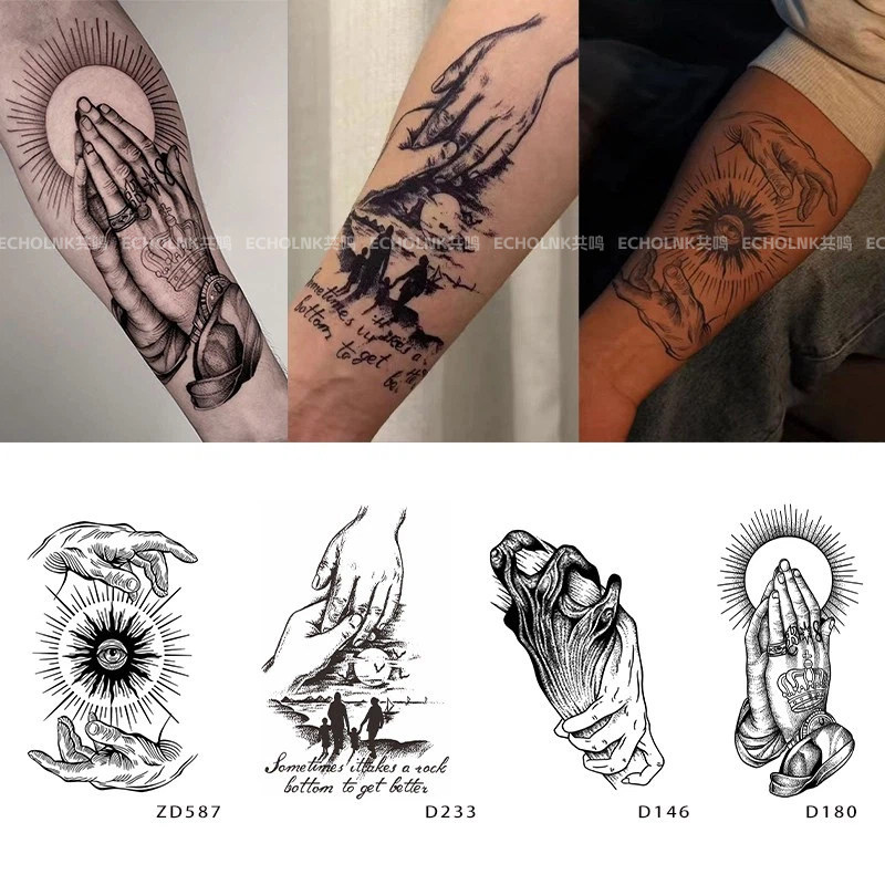 欧美复古双手合十草本纹身贴男女潮酷个性防水半永久花臂刺青贴纸