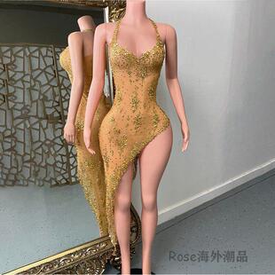 欧美性感深v亮钻侧开叉鸡尾酒派对酒吧气质女歌手驻唱舞会演出服