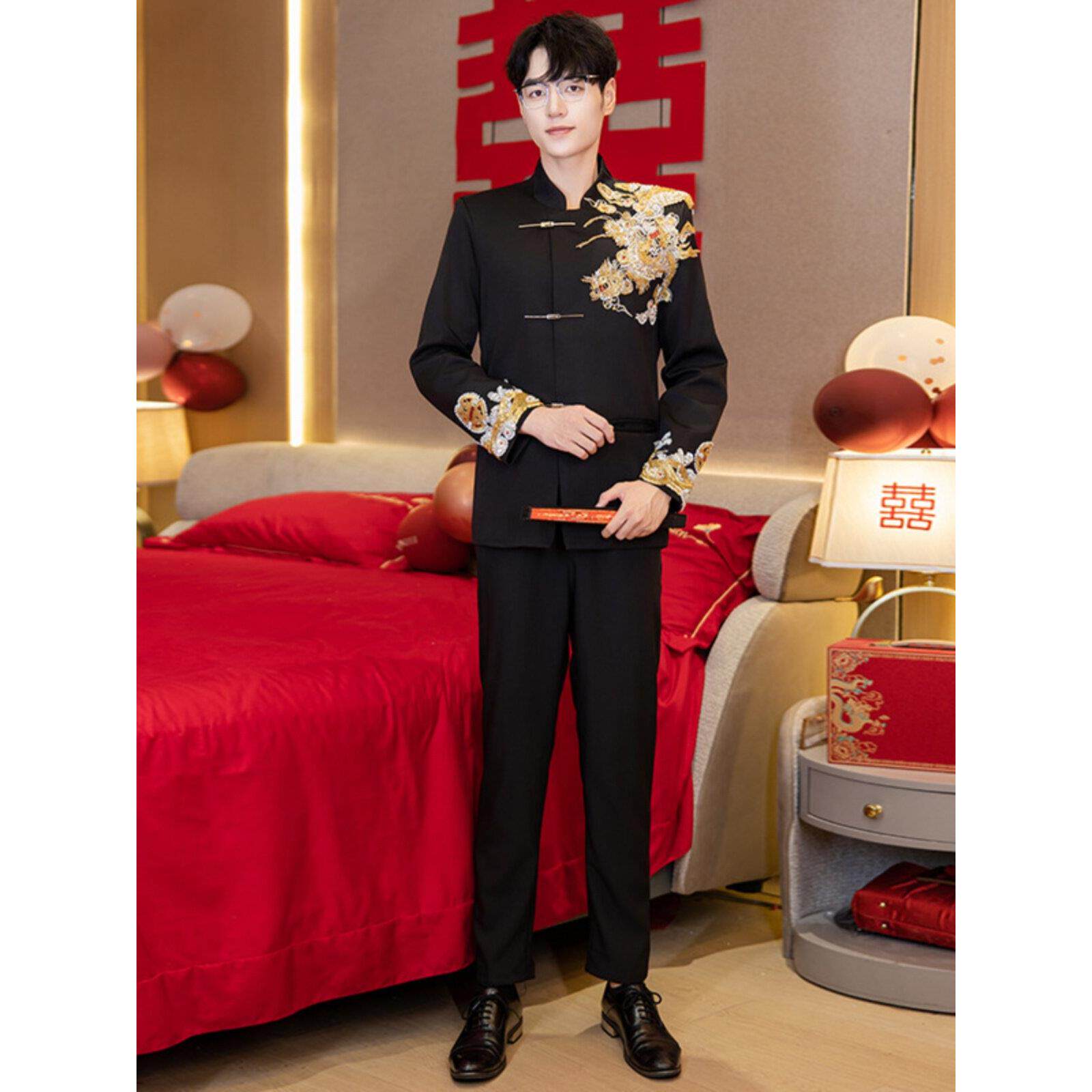 新型中国风中山装男士婚纱新郎装高端立领婚纱礼服覆古唐装