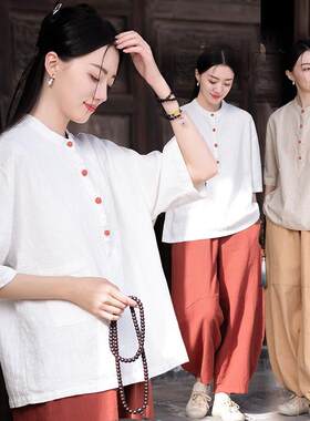 居士服女款夏季短袖中式棉麻套装佛系禅意女装寺庙拜佛素衣禅修服