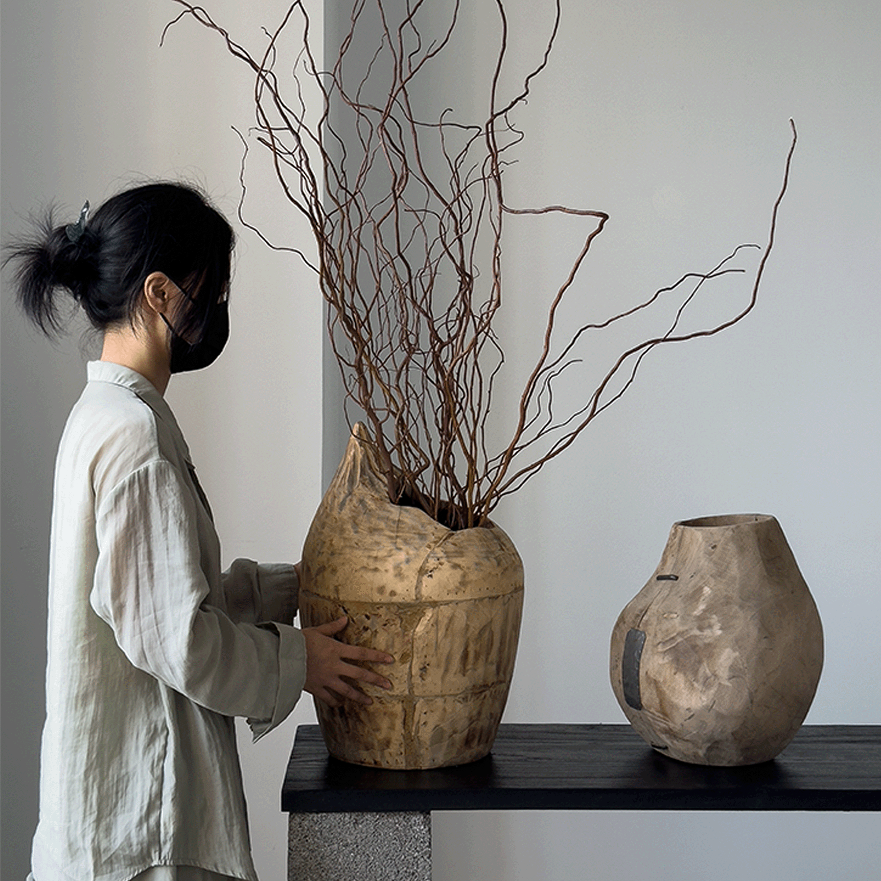 侘寂风手工实木大花瓶客厅插花