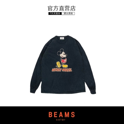 【SOLAR BEAMS】BOWWOW LS长袖复古做旧磨毛米奇老鼠植绒印花T恤